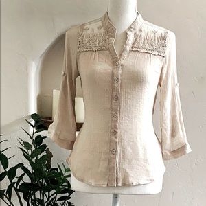 Neutral Button down w/Embroidery Shoulder Panels
